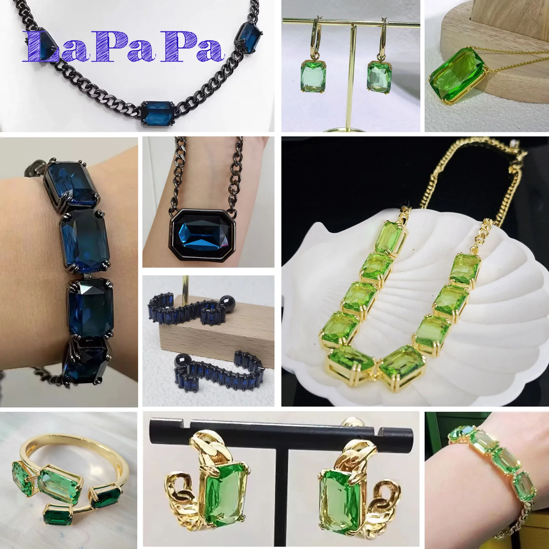 원래 S 자형 성격 귀걸이 여성 쥬얼리 세트 유행 스퀘어 컷 크리스탈 스테인레스 스틸 목걸이 팔찌 반지