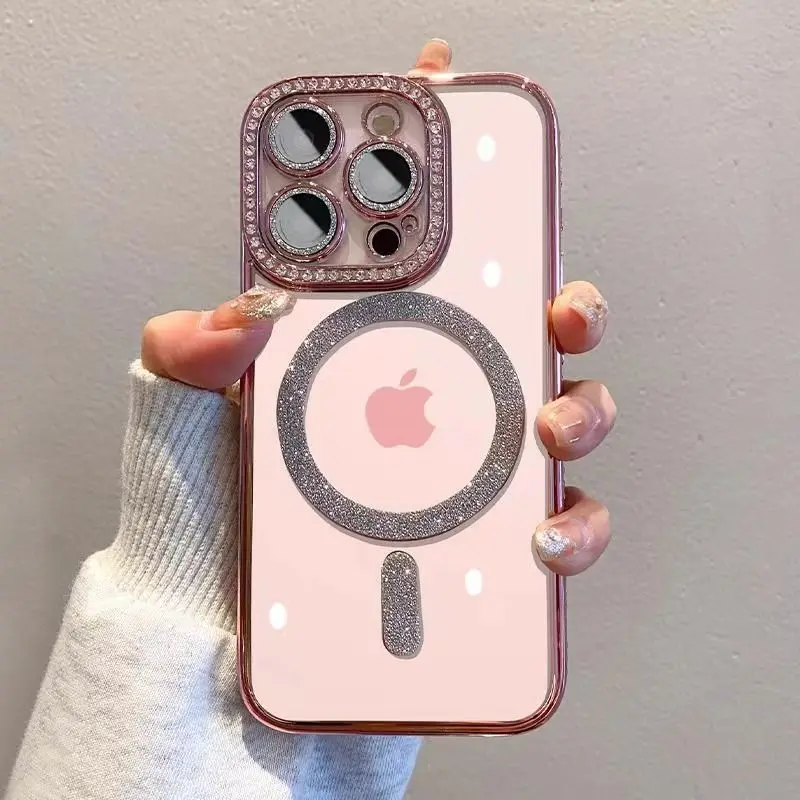 iPhone Case Bling Glitter Rhinestone Magnetic Wireless Charge Shockproof Jewelled Cover for iPhone 16 15 14 13 12 11 Pro Max Plus