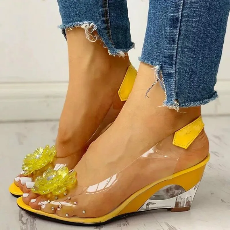 Women Sandals Large Size Female Sandals Summer Rhinestone Wedge Heel Sweet Flowers Transparent Waterproof Leisure Jelly Shoes