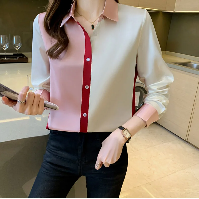 Women's Spliced Chic Loose Chiffon Shirts Office Lady Fashion Casual Loose Button Elegant Blouse Female Clothing All-match Tops