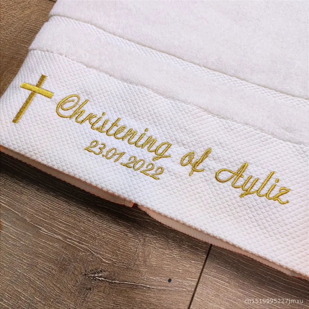 AHSNME Customized Baptism Towel 70x140cm Bath Towels for Baby Christening White Towel with Name and Date 2