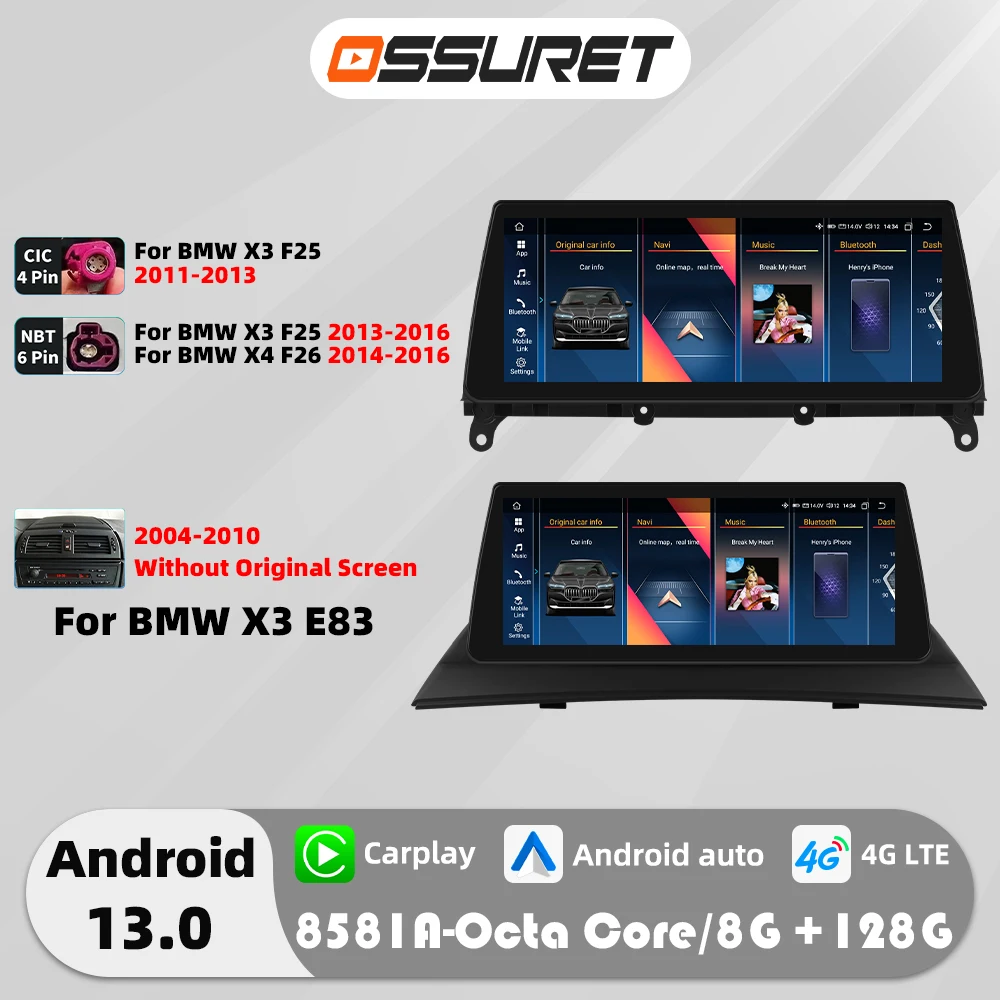 10.25"Carplay Android 13 Autoradio For BMW X3 X4 F26 F25 CIC NBT Auto Multimedia Player 4G GPS navi Stereo 2din Head Unit Screen