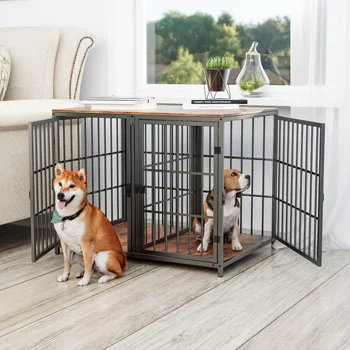 Heavy Duty Dog House End Table Furniture with Four Doors and Lock Latches Divider Wood Metal Pet Kennel Cage Crate 3