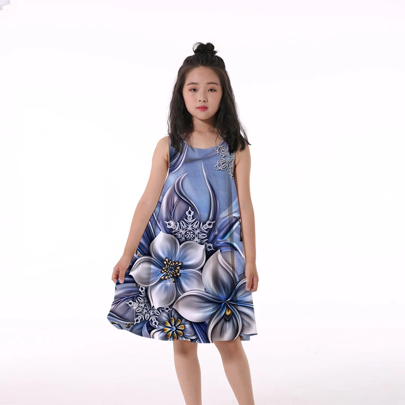 2022 Exclusive Girlymax Summer Baby Girls Kids Clothing 3D Print Twirl Dress Knee Length Sleeveless Blue Flower Dress 4-14T satin dress