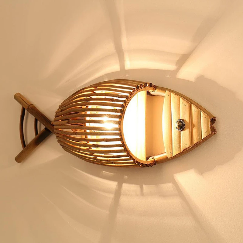 

Woven Bamboo Fish Wall Lamp Restaurant Light Retro Creative Cafe Lamp Bar Teahouse Living Room Wall Decor Farm Hotel Wall Lights