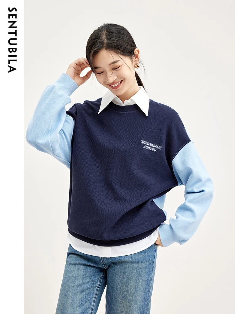 

SENTUBILA New Crewneck Sweatshirt Women Spring Autumn Letter Embroidered Pullovers Female Simple Contrast Ladies Tops 133A50995