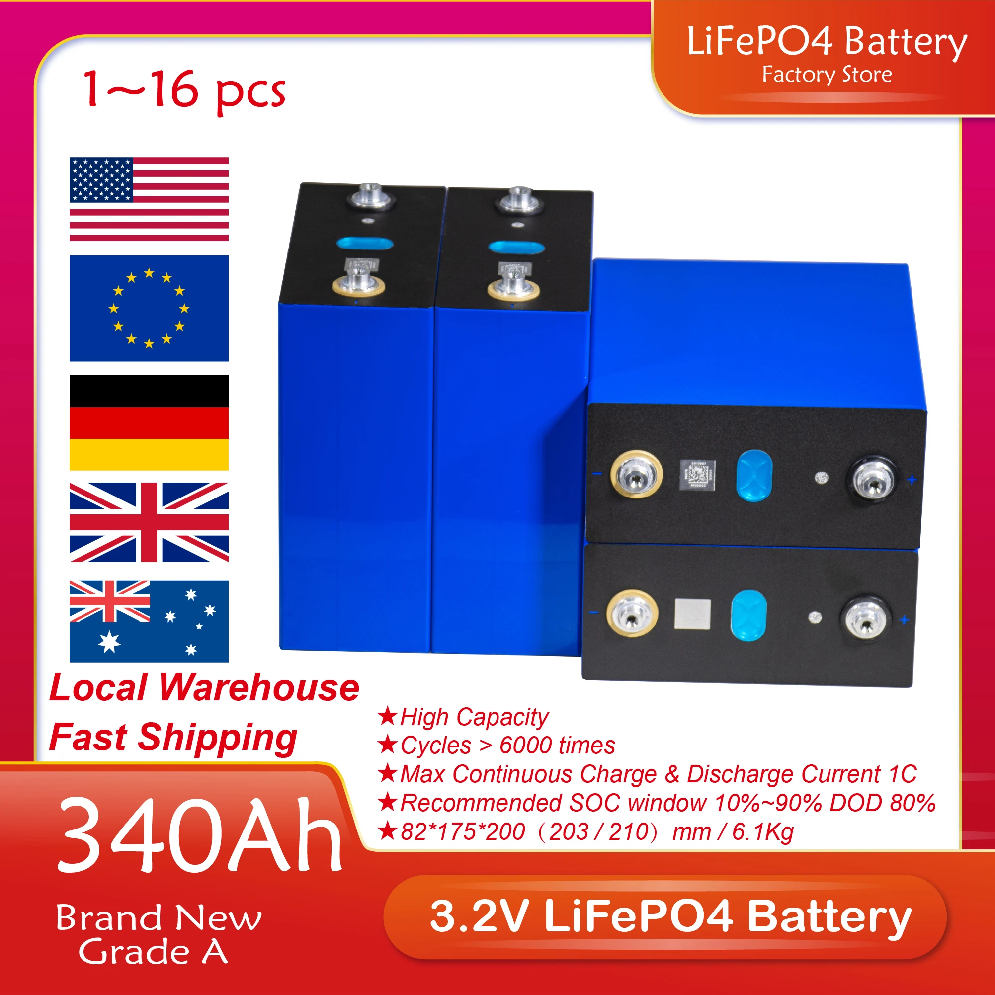 

3.2V 340Ah LiFePO4 Lithium Iron Battery Cell 4/8/16/32/48PCS Rechargeable Brand New 100% Full Capacity Grade A For Solar Storage