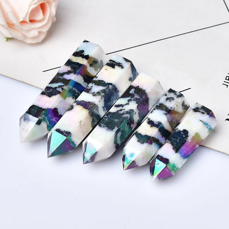 Natural Aura Stone Crystal Point Healing Obelisk Black and White Zebra Quartz Wand Home Decor Pyramid Ornament