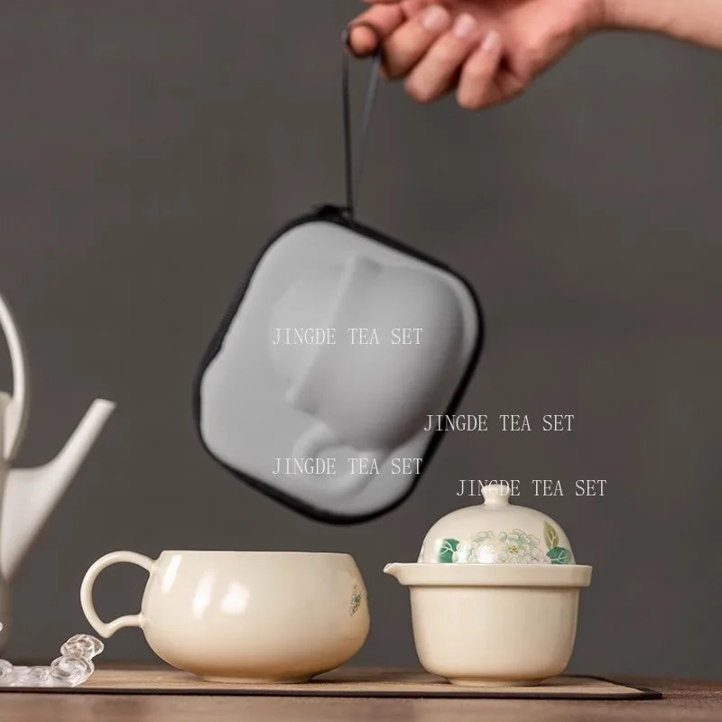 Hydrangea Travel Teaset Outdoor Portable Tea Cup Ceramic Underglaze Color Car Tea Brewing Set Tea Ceremony Accessories