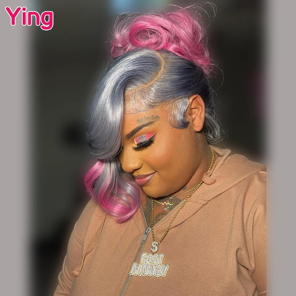 Ying Hair Silver Gray Root Pink Colored Body Wave Remy 13x6 Lace Frontal Wig 150% PrePlucked 13x4 Lace Front Human Hair Wig