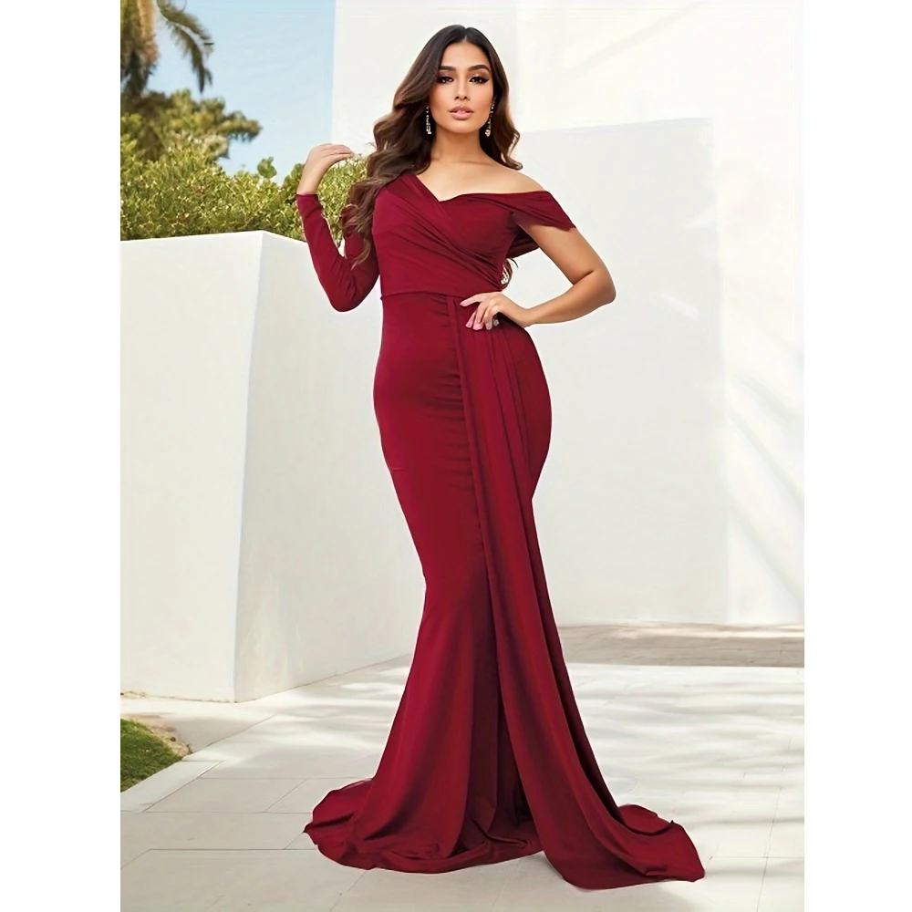 green emerald velvet dress Berylove Women One Shoulder Ivory Engagement Dress Ruched A-Line Long Sleeve Bridal Dress, Ivory / US20W