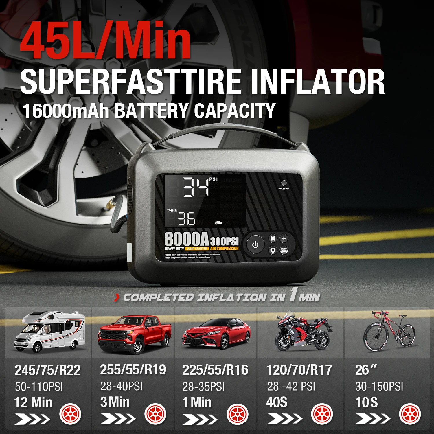 8000A Heavy Duty Car Jump Starter with Air Pump – Powerful 12V Car Battery Starter Booster and Auto Starting Device 2