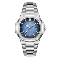 Luxury Square Waterproof Luminous Date Watch for Men - Stainless Steel Quartz with Gift Box (Silver blue)