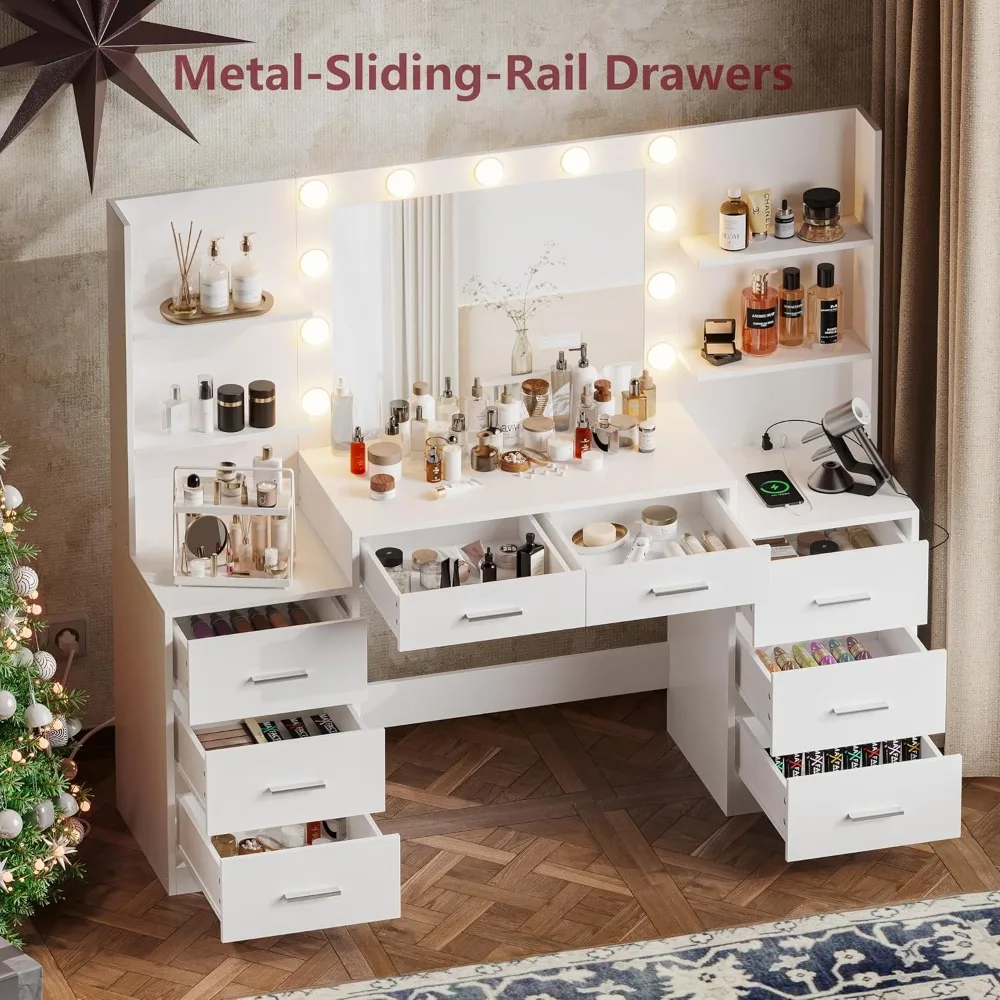61.9‘’L Vanity Desk with Mirror & Lights, Makeup Desk with Drawers, 3 Lighting Modes, Large Makeup Vanity 2