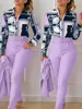 Elegant Women Printed Two Piece Suit Sets Spring Autumn V Neck Long Sleeve Shirt Top & Long Pants Set With Belt Workwear Outfits 4