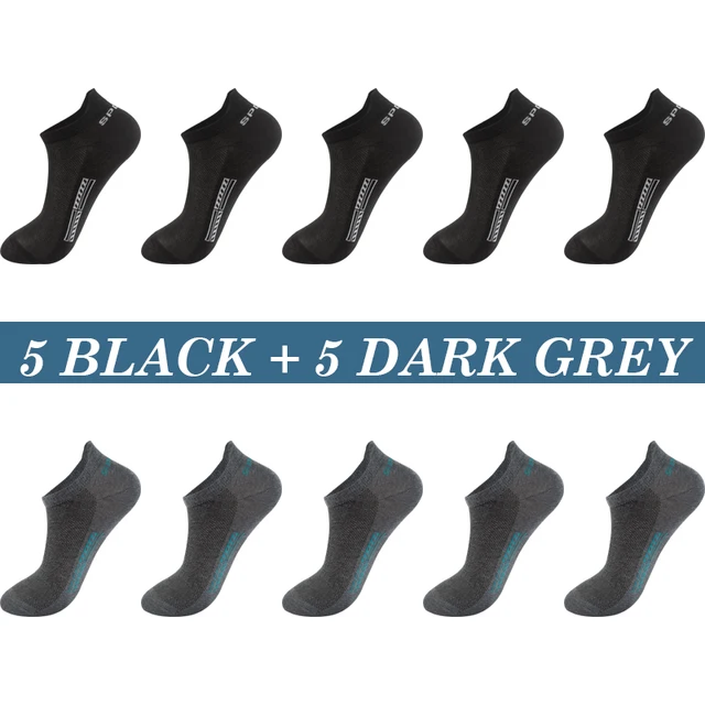 High Quality 10Pairs Men Socks Cotton Summer Sports Breathable Ankle Socks Mesh Casual Athletic Thin Cut Short Plus Size 39-48 5 Black 5 Dark grey