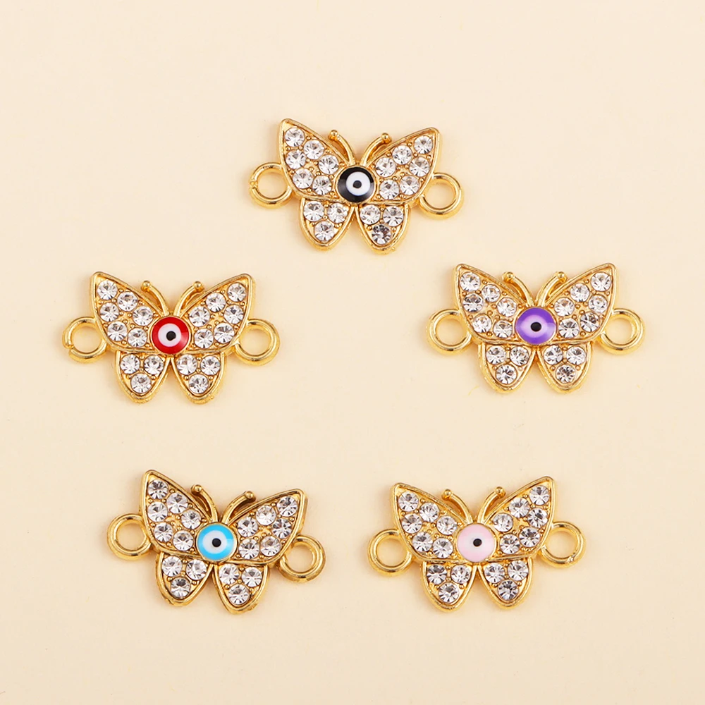 

10Pcs Shiny Crystal Butterfly Two Holes Connector Turkish Evil Eye Charm Bracelet Necklace Jewelry Making DIY Accessories