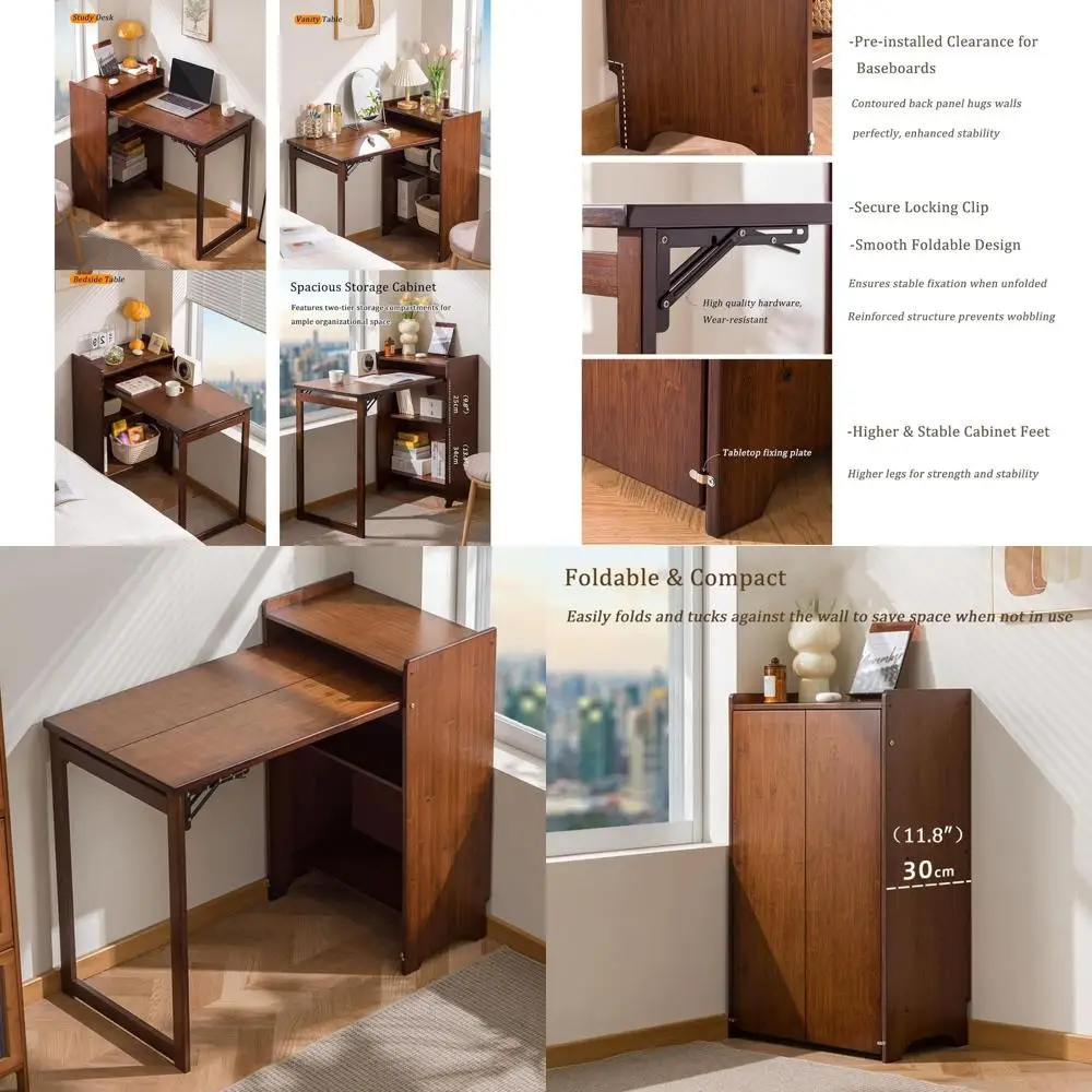 Compact Bamboo Desk with Built-in Bookshelf, Space-Saving Folding Workstation for Home Office, Vanity, and Kitchen
