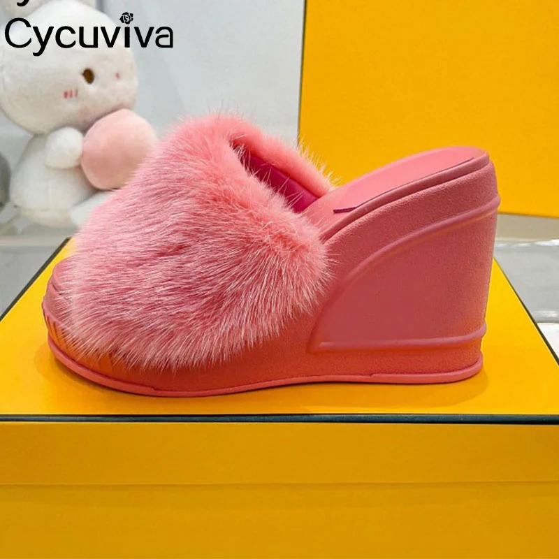 

Сланцы женские на танкетке, дизайнерские брендовые Шлепанцы из натурального меха, праздничные классические туфли на высоком каблуке, лето 2023