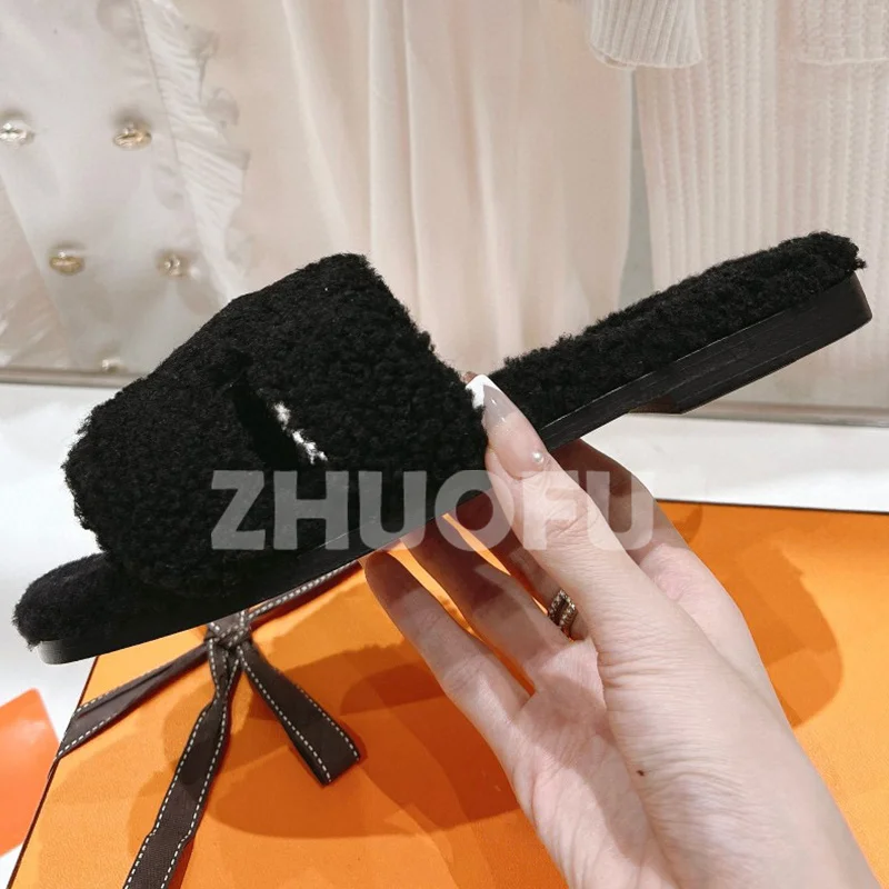 

Women Slippers Spring Autumn 2023 New Unique Plush Upper Design Solid Color Open Toe Slippers Comforta Fashion Female Shoes
