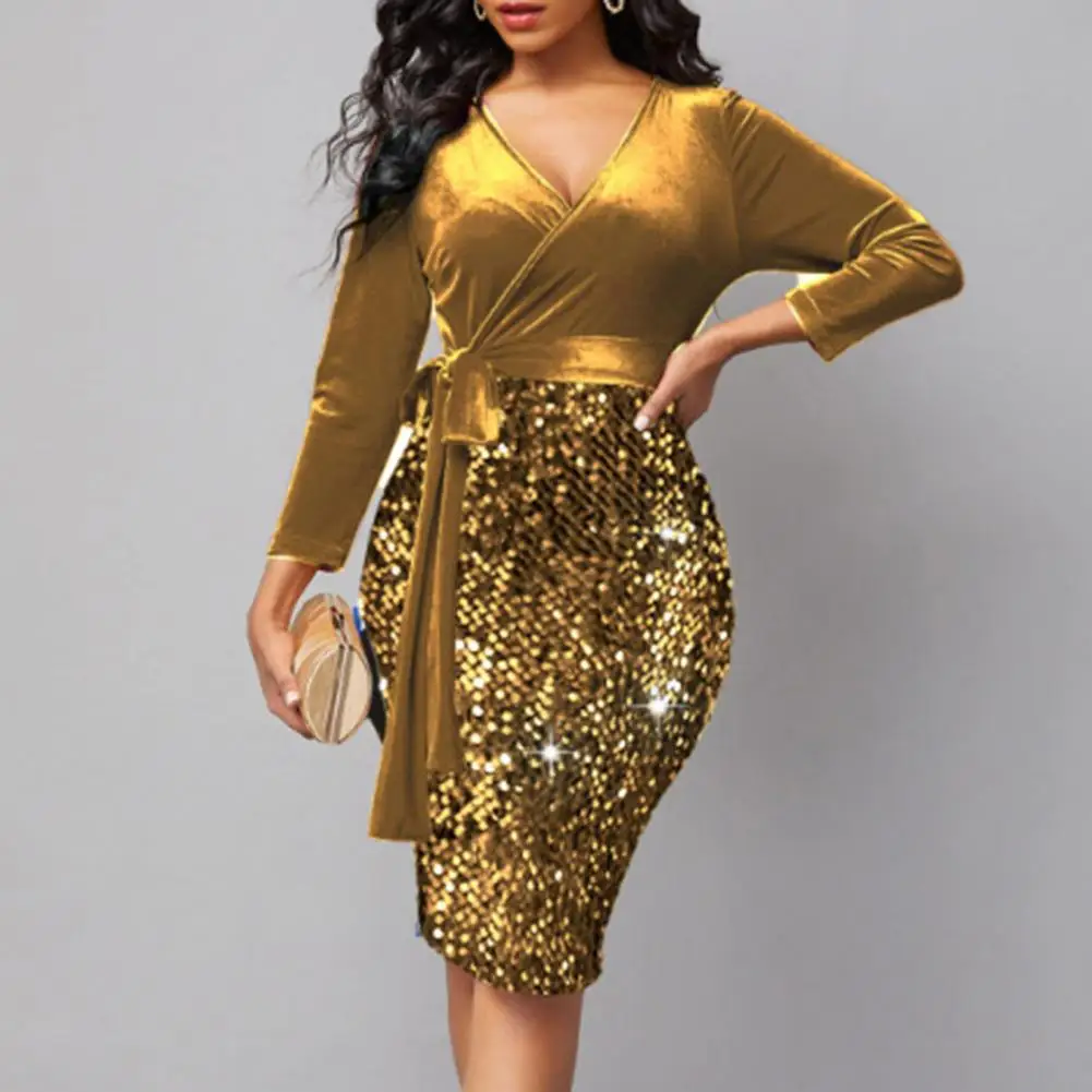 

Women Knee-length Dress Sparkling Sequin V-neck Mini Dress For Women Slim Belted Waist 3/4 Sleeves Party Ready Spring/autumn