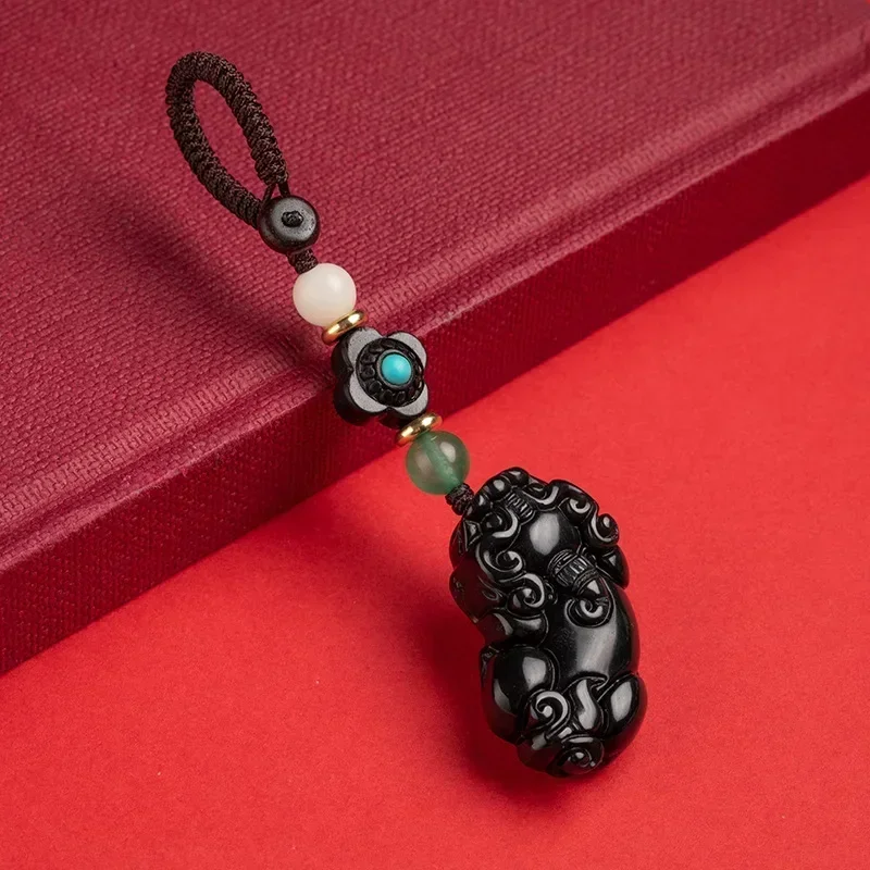 Natural Obsidian Turquoise Pixiu Car Keychain Ethnic Braid Personalized Literature New Chinese Style Auspicious Beast Pendant