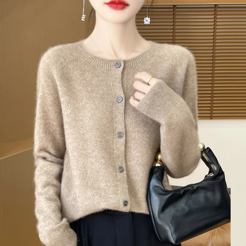 100%Merino Wool Cardigan Women's Round Neck Casual High-Quality AutumnWinter Solid Color Jacket Knit Basic Sweater Pure Wool Top 5