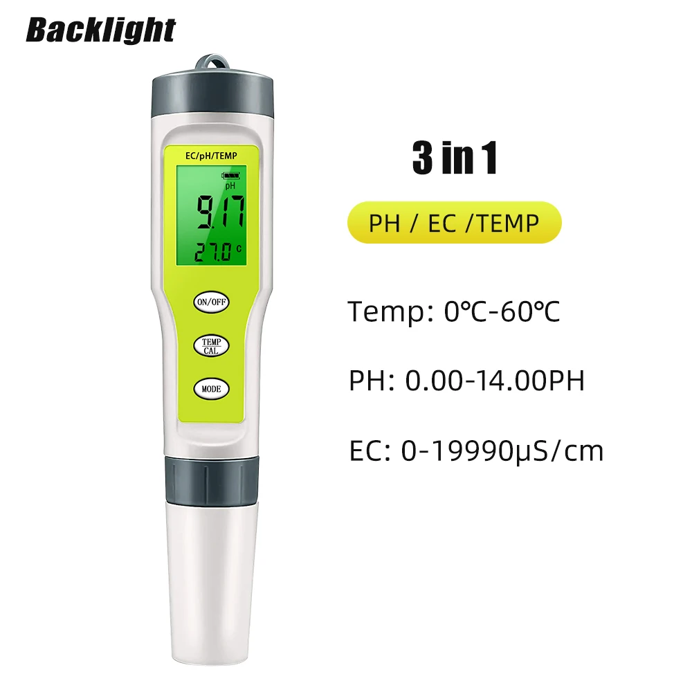 PH Meter Waterproof PH/TDS/EC/Temp Meter Digital Water Quality Monitor Tester with Backlight for Pools Drinking Water Aquariums