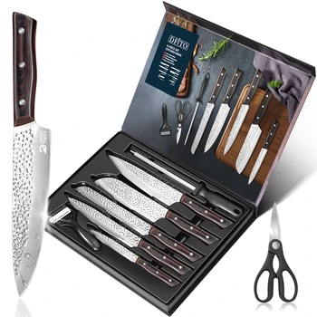 8pcs Chef Knife Kitchen Knives Set Hammer Pattern Sharp Cutting Blade Meat Salmon Slicing Knives Santoku Knives Cooking Tools 1