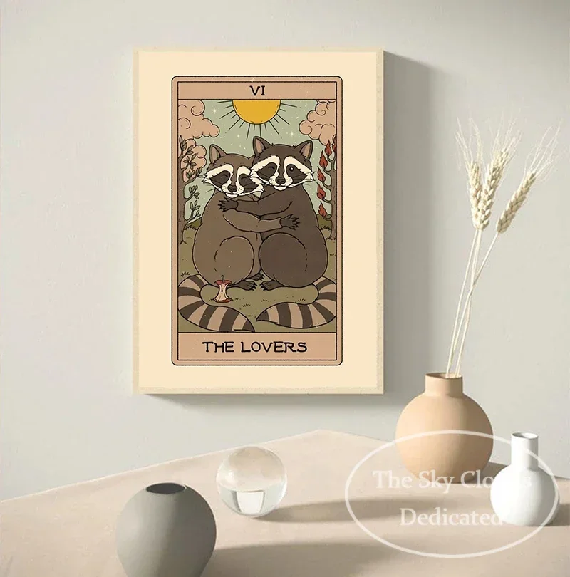 Cute Animal Canvas Painting Red Panda Raccoon Tarot Card Poster Modern HD Printed Wall Art Pictures Living Room Bedroom Decor