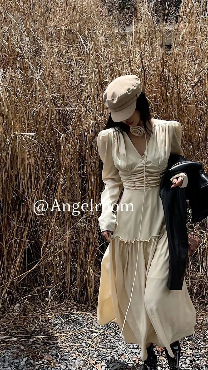 Autumn Satin Midi Dresses for Women Long Sleeve V-neck Folds Design A-line Korean Fashion Office Lady One Piece Vestidos New