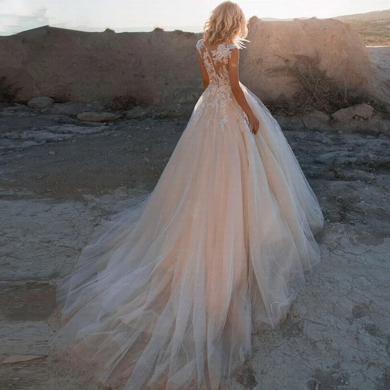 

Scoop Lace Applique A Line Wedding Dresses Sleeveless Illusion Tulle Boho Bridal Gown Vestido De Noiva