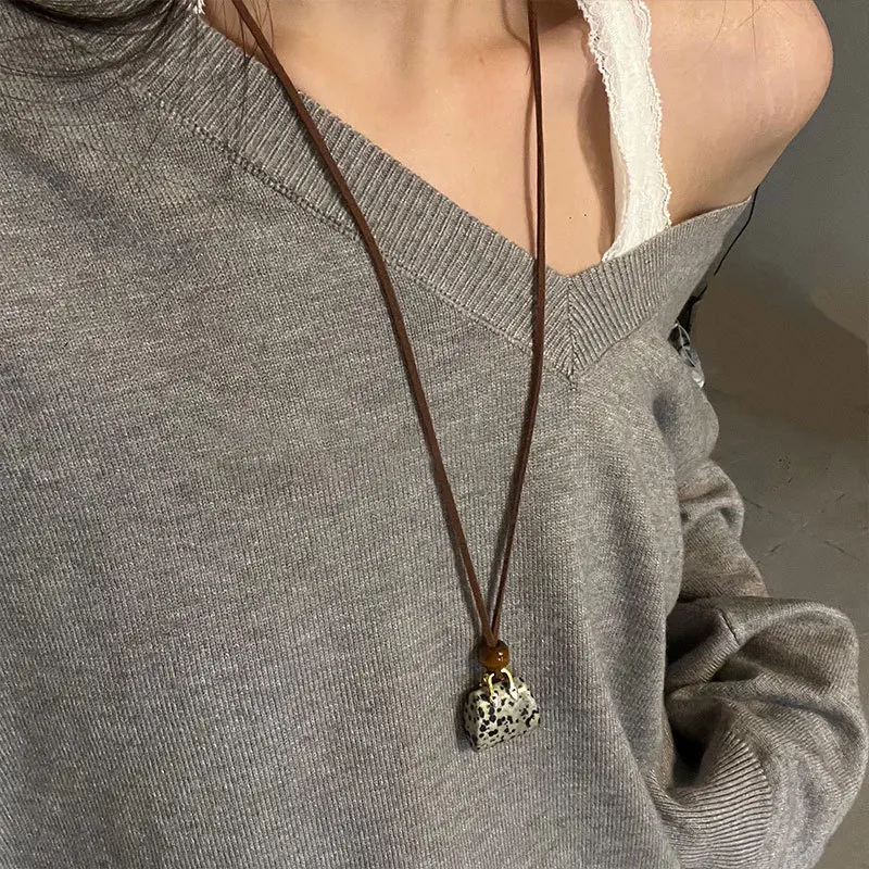 Vintage Natural Stone Bag Pendant Long Necklace for Women Girls Autumn Winter Sweater Chain Fashion Accessories Party Jewelry