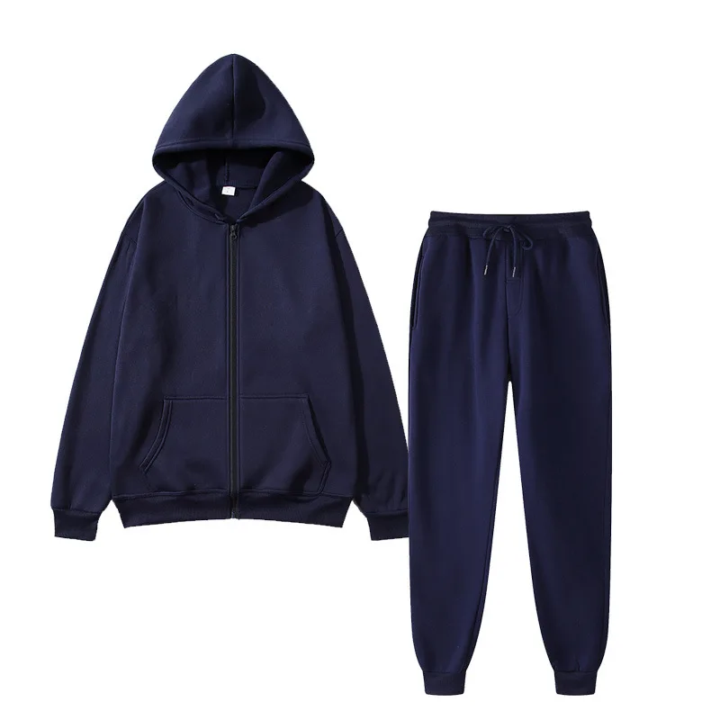 Unisex solid color sportswear set, fashionable and casual, autumn and winter warm zipper hooded cardigan sweatshirt+sweatpants view 2