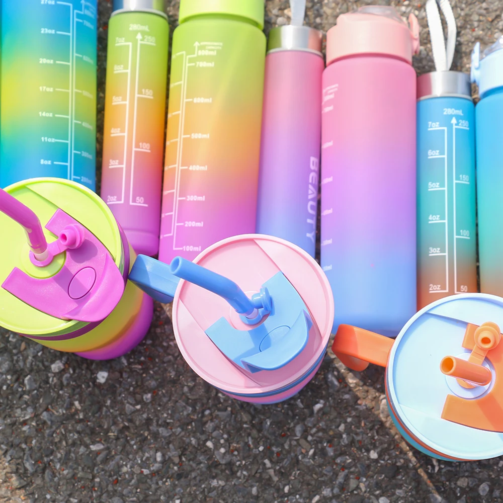 3-piece gradient plastic water cup set, 1380ml/46.6oz, 800ml/27oz, 280ml/9.5oz leak proof portable sports large capacity straw c