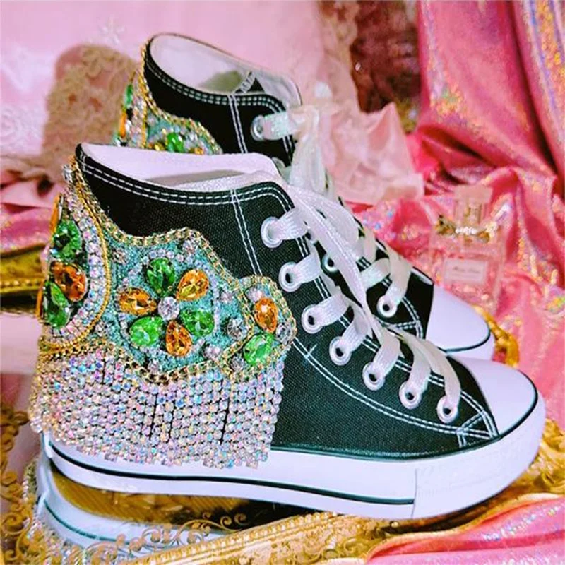 

Spring and summer new heavy industry hand diamond-encrusted gem fringe thick sole high top canvas lace-up casual women's single