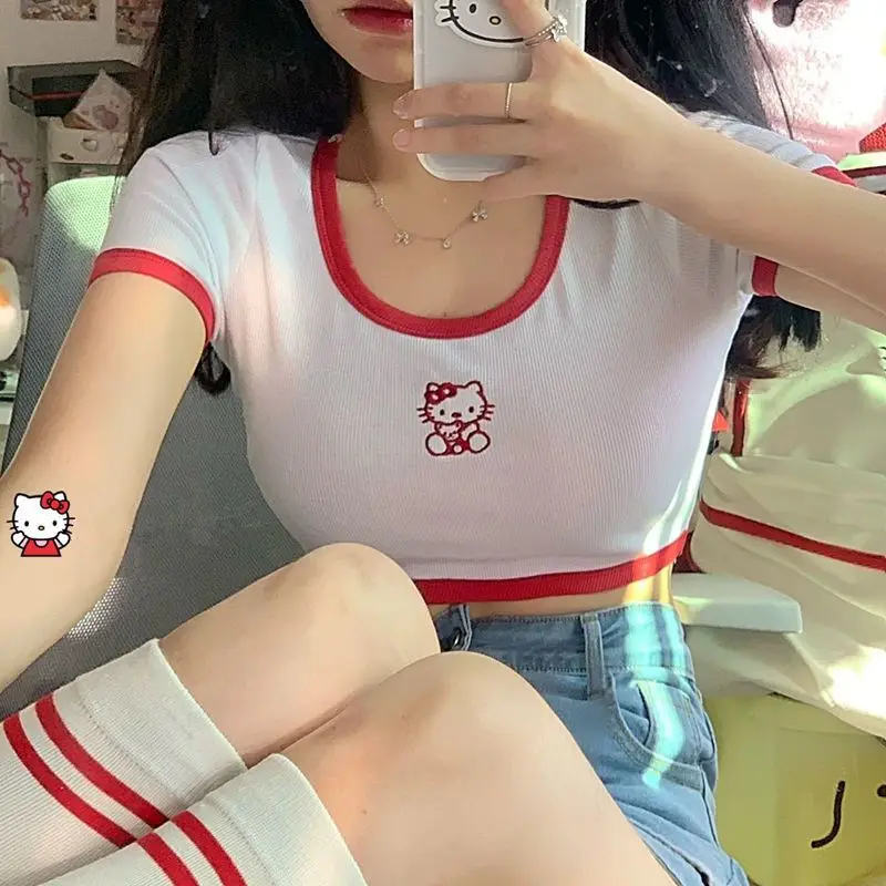 

Kawaii Kt Hello Kitty Short Section Cute Soft Cute Girl Summer Slim Thin T-Shirt Female Short-Sleeved Student Casual Top Gift