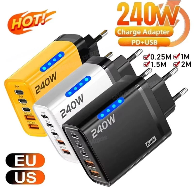 240W GaN USB C Charger 5 in 1 Fast Charging Phone Charger Power Adapter For iPhone Samsung Xiaomi Type C EU/US Plug Wall Charger 1