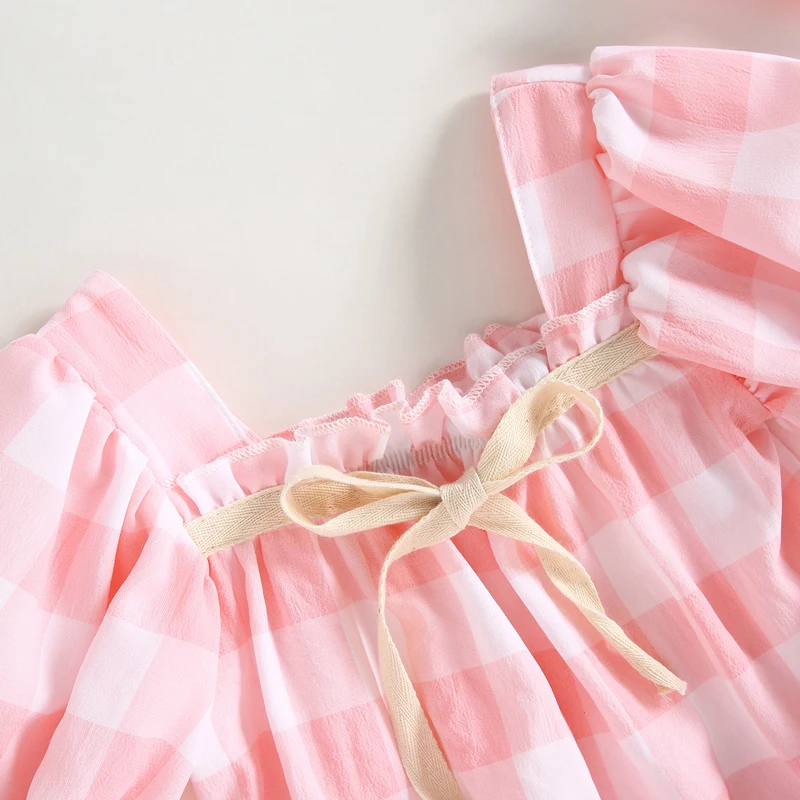 

Newborn Baby Girl Plaid Romper Lantern Short Sleeve Boat Neck Bodysuit Summer Clothes with Head Band