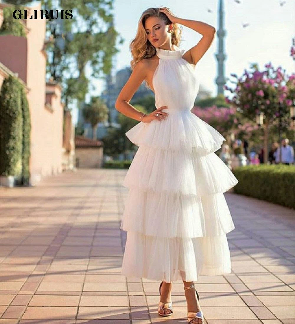 light blue prom dresses Modern Halter Tiered Tulle Short Prom Dress Tea-Length Backless Evening Dresses Custom Made Homecoming Gowns Special Occasion prom gowns