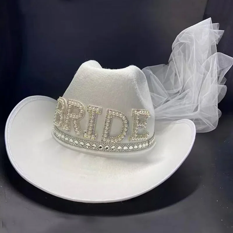 Bride White Cowboy Veil Hat Pearl Rhinestone Wedding Cowgirl Hat Bach Bachelorette Hen Party Bridal Shower Decoration Gift 6