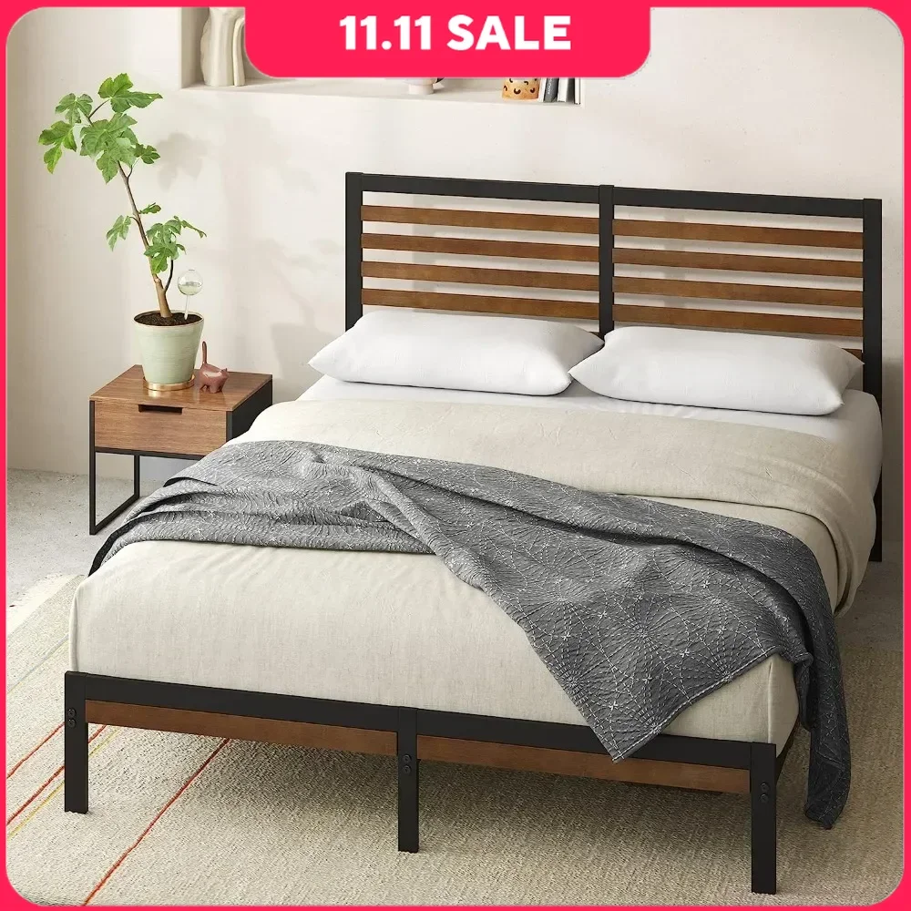 Bamboo and Metal Platform Bed Frame with Headboard, No Box Spring, Easy To Assemble, Queen Size Bed, Brown