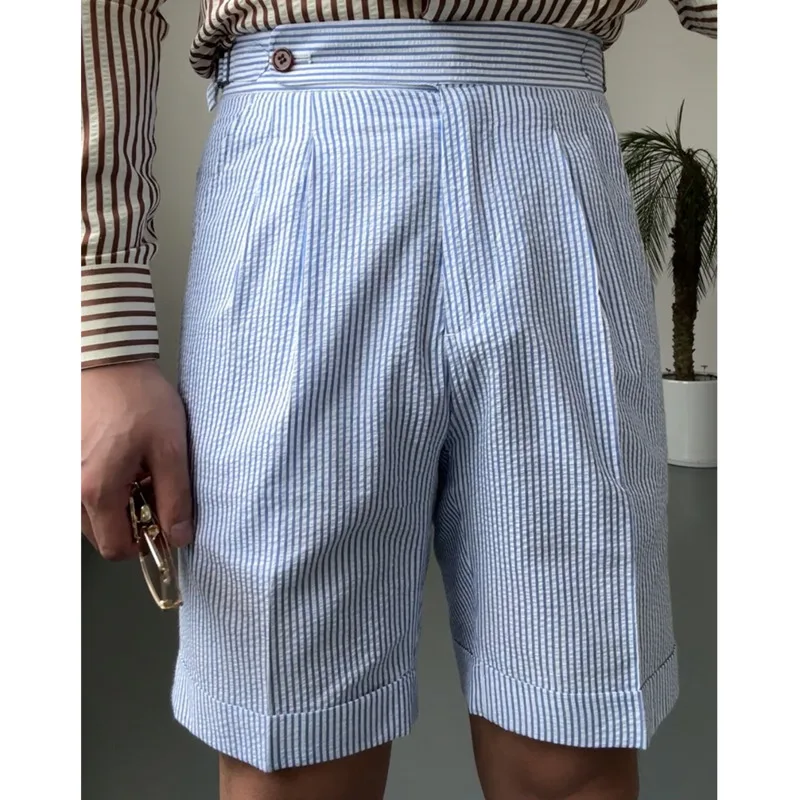Summer Men British Straight Naples Men Ropa Hombre Short Pant Striped Seersucker Casual Shorts Men Suit Short Pantalones Homme 3