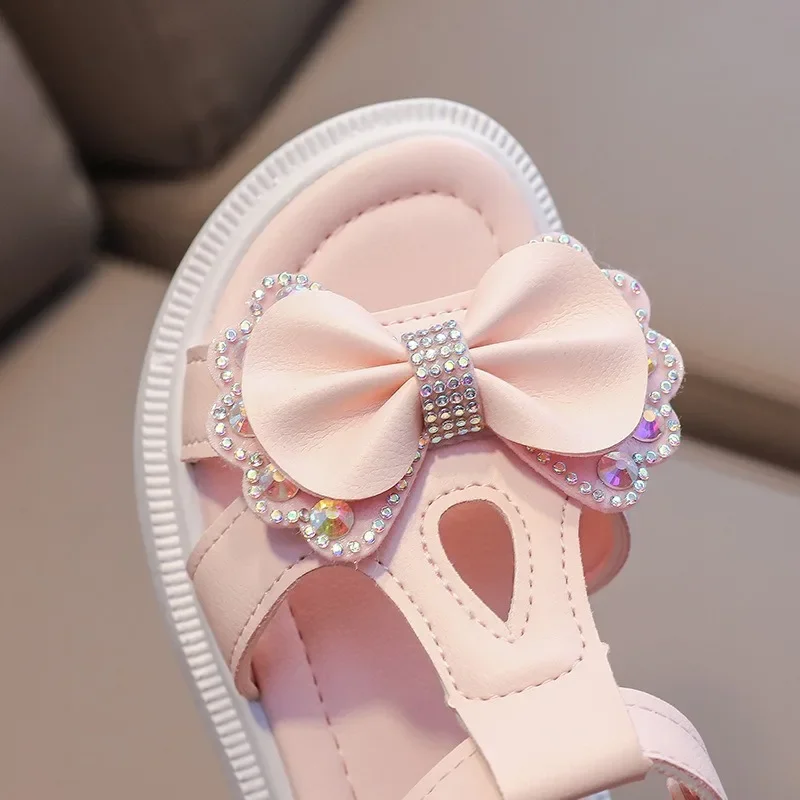 Sandalias con suelas suaves para niñas, zapatos informales de princesa, zapatos de playa con diamantes de agua, sandalias con forma de lazo
