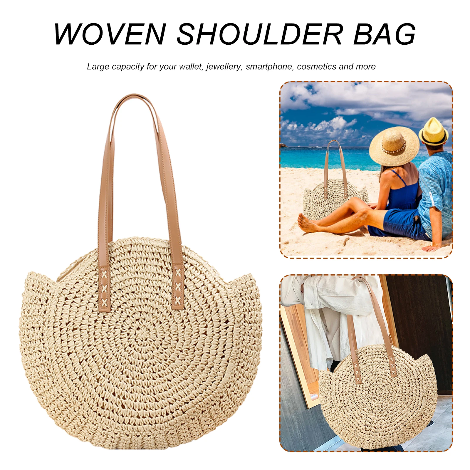Summer Hand-Woven Handbags Round Weaving Underarm Bag Large Capacity Handmade Fashion Casual Portable for Seaside Holiday