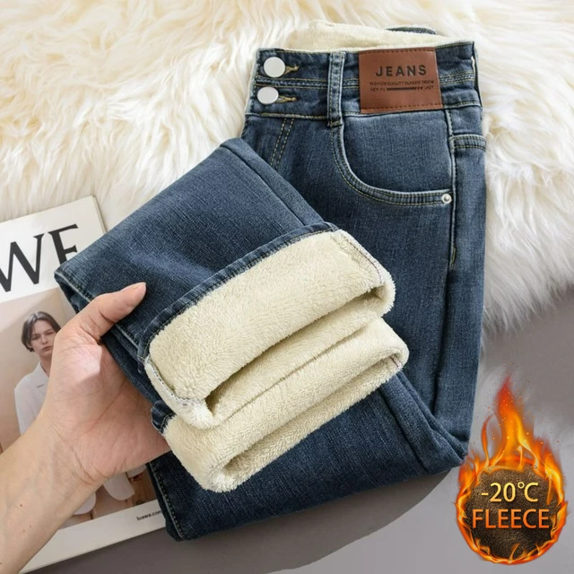 Women Thickened Fleece-Lined Vintage Straight-Leg Jeans High-Waisted Slimming Hip-Hiding Elastic  High Quality Winter Trousers