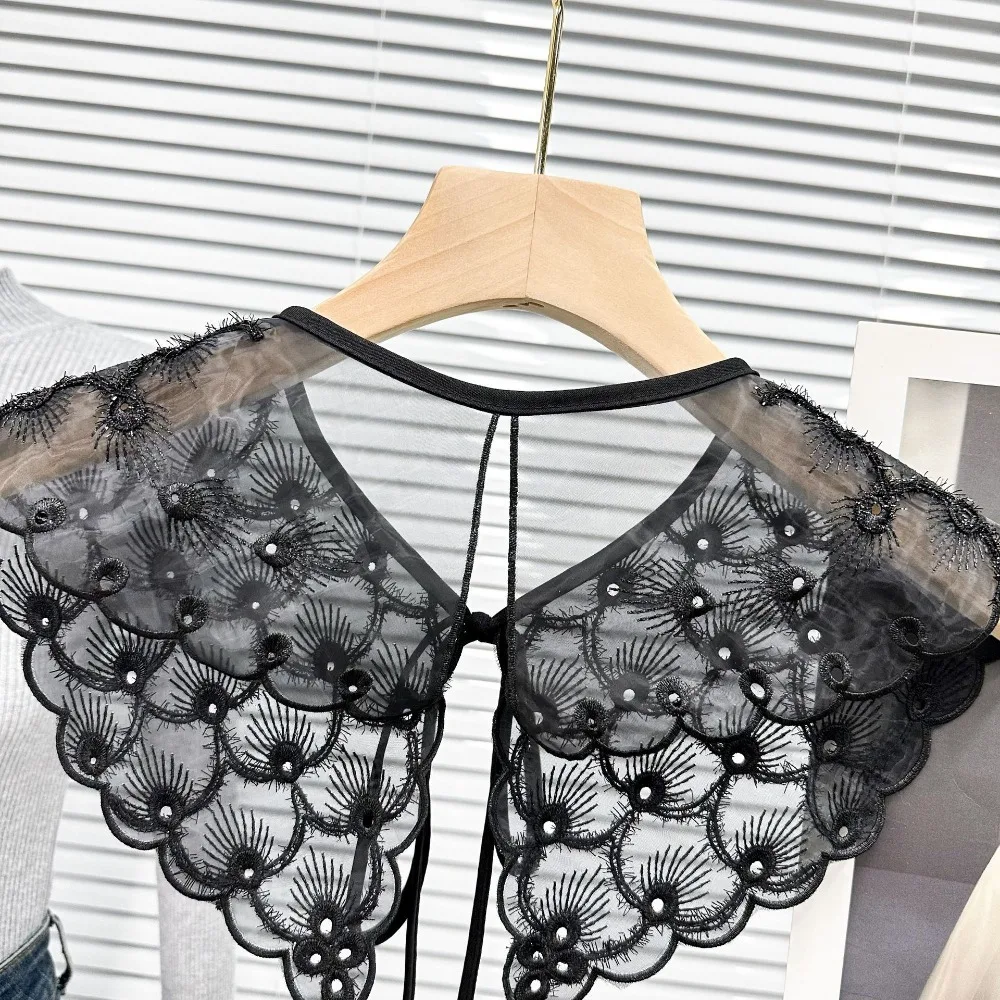 

Искусственный воротник, женский кружевной воротник, модная шаль на шнуровке, воротник из органзы с вышивкой спереди, воротник-шаль, воротник