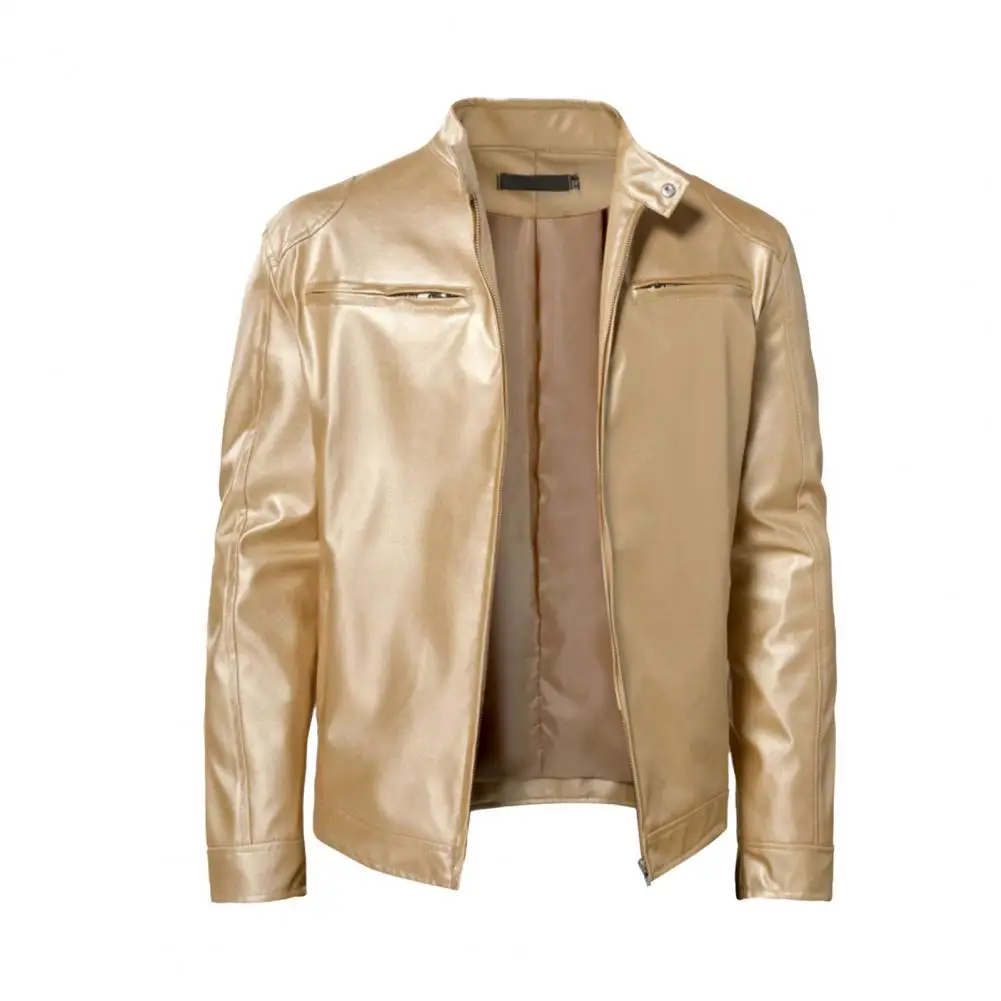 

Men Fall Spring Jacket Stand Collar Smooth Faux Leather Jacket Zipper Decor Windproof Cardigan Zip Up Motorcycle Coat