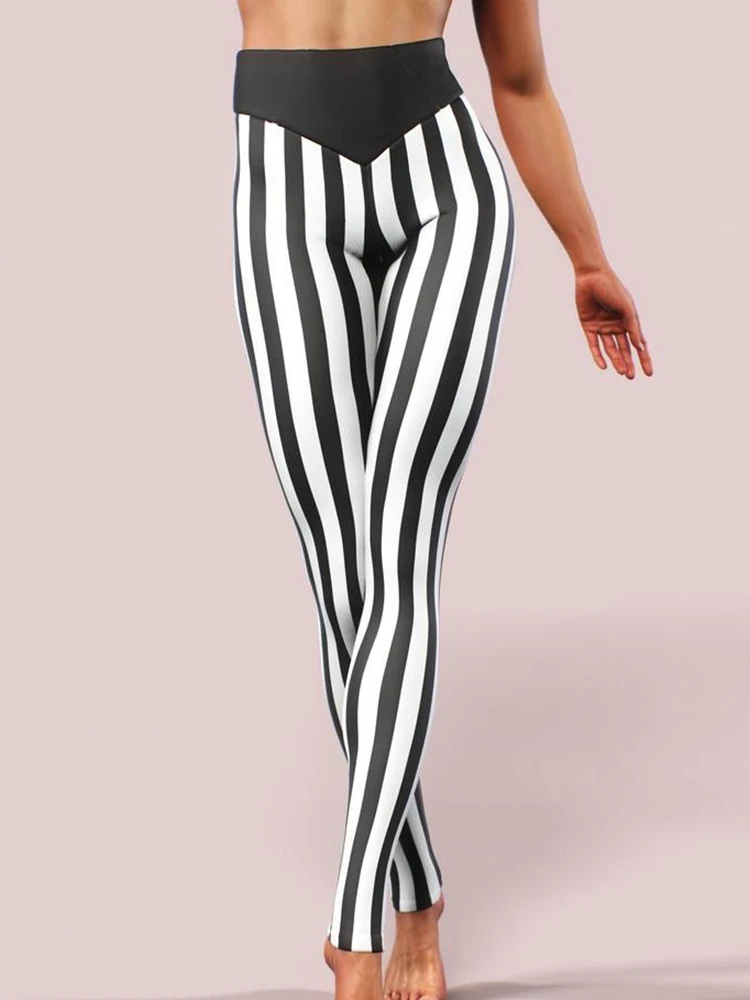 

Sexy Leggings Women Fitness Jeggings Workout Pencil Pants Fashion High Waist Black White Striped Printed Leggins Elastic Gym