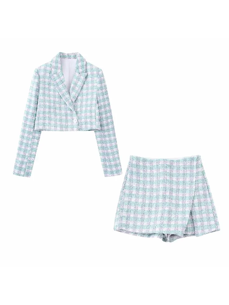 

Women Fashion Tweed Plaid Single Button Cropped Blazer Coat High Asymmetrical Shorts Skirts 2022 New Casual Two Piece Sets